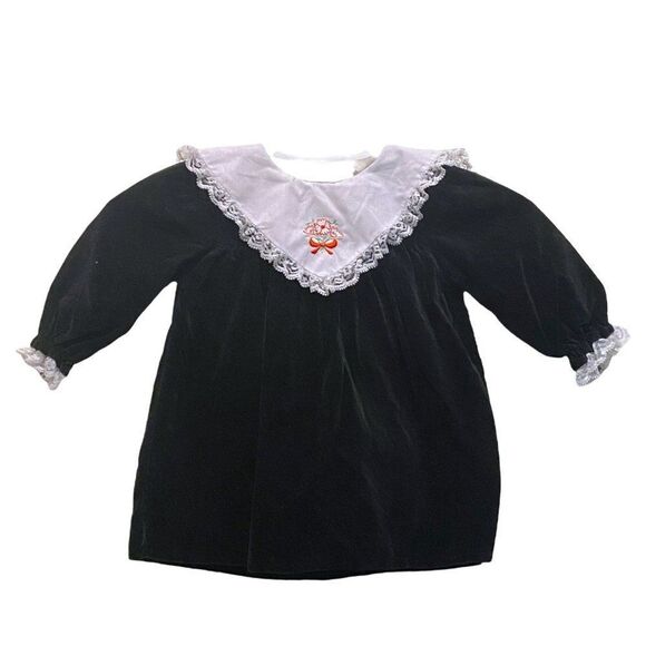 Vintage Black Velvet White Lace Collar Baby Girl Dress 12 Months Cottagecore - Picture 1 of 6